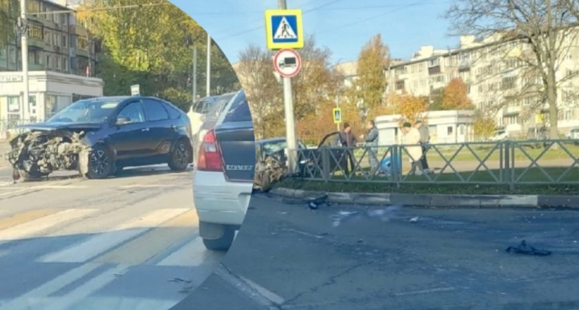 "Приора в столбе торчит": в Ярославле машина на скорости вылетела на пешеходную дорогу