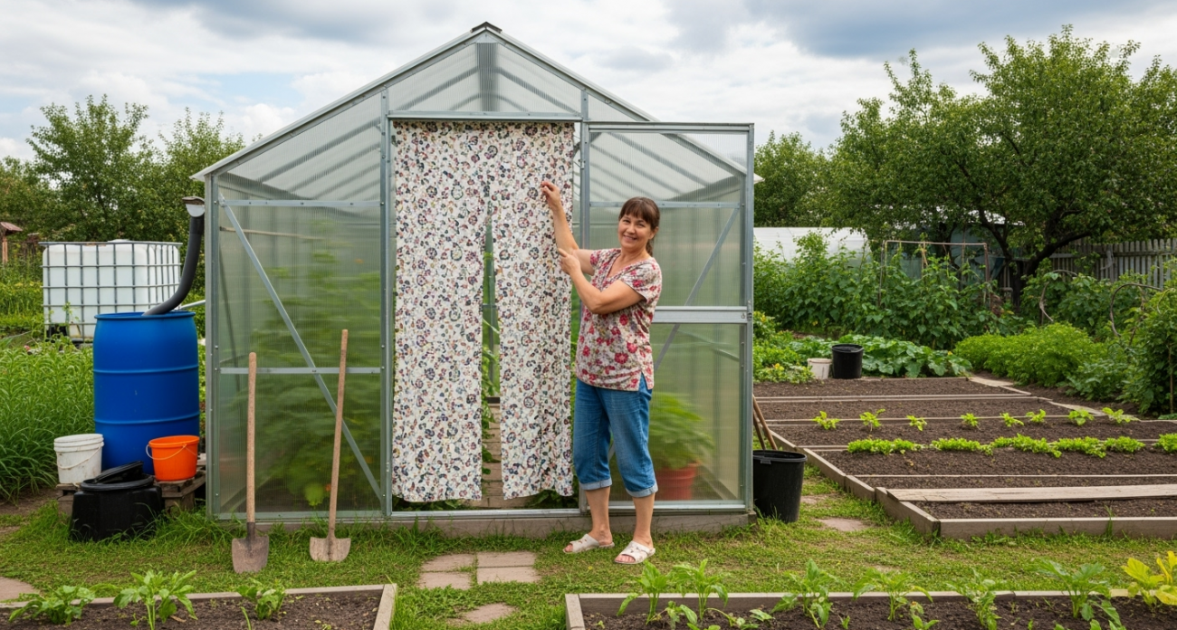 Установила на вход в теплицу занавеску и очень довольна – решила сразу многие проблемы