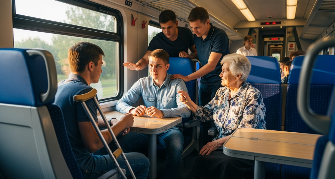 К парню с костылем подошли трое с требованием уступить. Он был готов, но заступилась бабушка по соседству