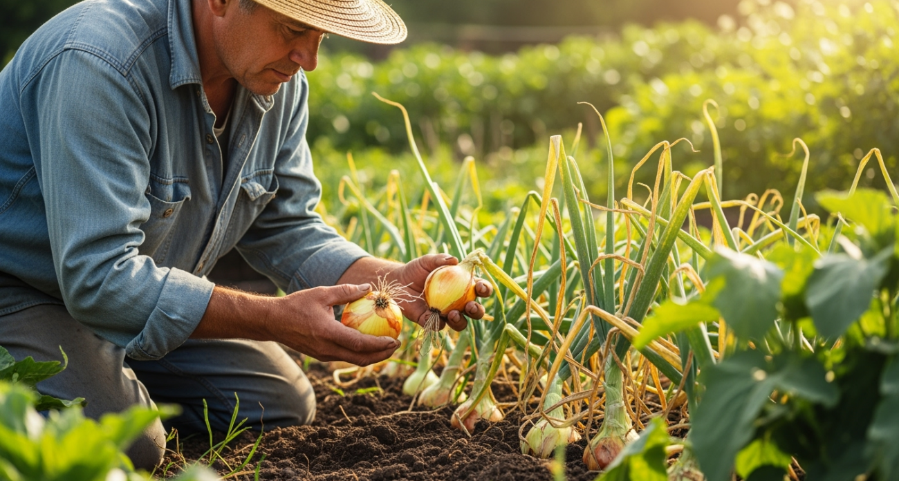 Полного увядания не дожидаюсь — убираю лук сразу, как замечаю один признак — головки крупнее не станут, а лежкость улучшится