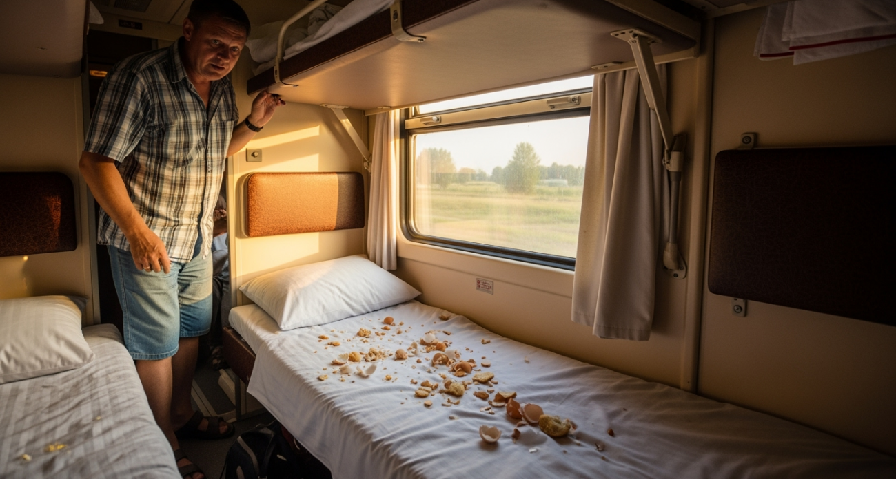 Не уступил место в поезде — вернулся из туалета и ужаснулся: постель залита чаем и усыпана крошками