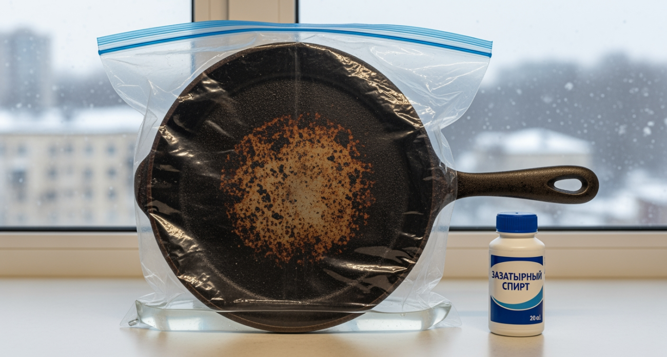 Положила сковороду в обычный пакет на ночь — нагар сошел без усилий, теперь посуда блестит как новая