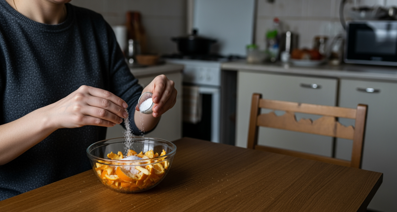 Апельсиновые корки засыпаю солью и ставлю на полку — весь праздник в доме пахнет волшебством, а хозяйки мне завидуют