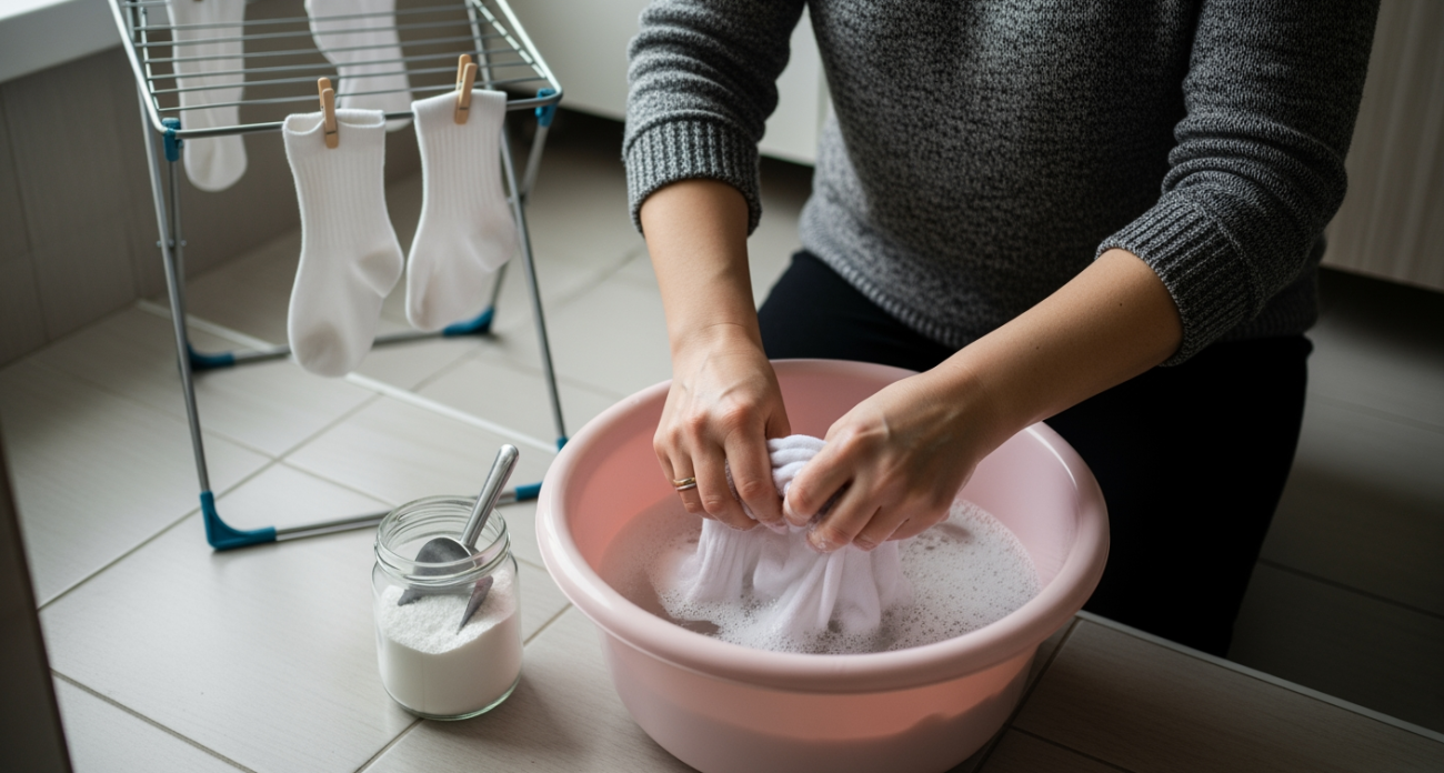 Всыпаю копеечное средство в таз и забываю про серые пятна — народный метод возвращает носкам белизну за одну стирку