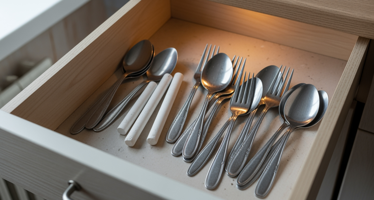 По совету бабушки кладу мел в столовые приборы: гениальный лайфхак, который спасет ваши ложки