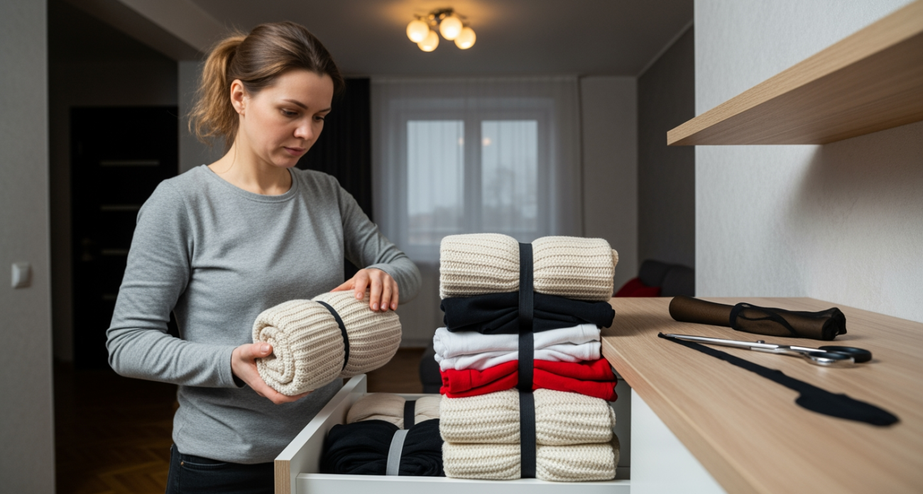 Женщина поделилась гениальным способом хранения колготок, который освобождает половину полки в шкафу