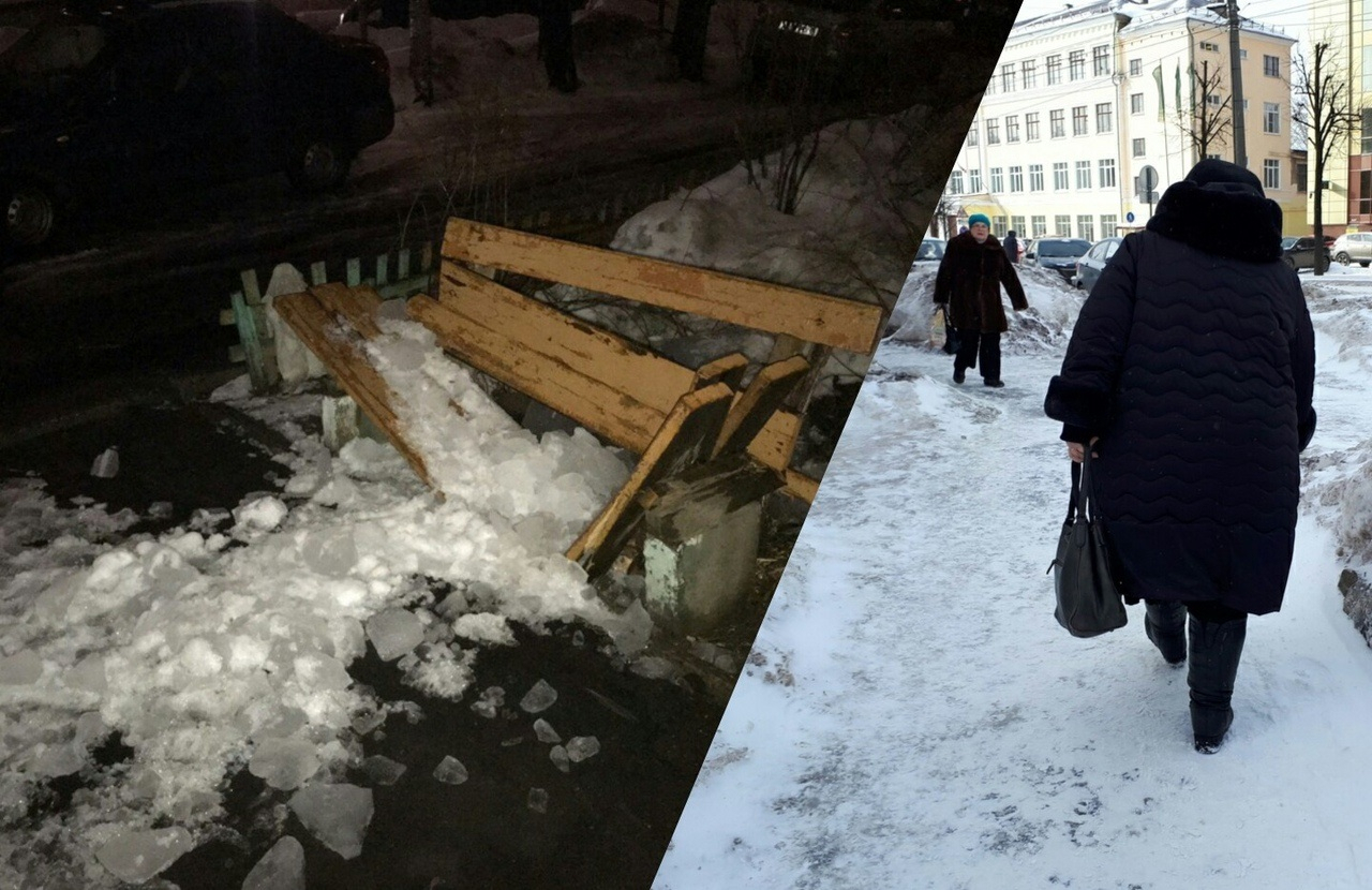 "Боюсь за здоровье бабушки": громадные сосульки раздавили скамейку в центре Ярославля