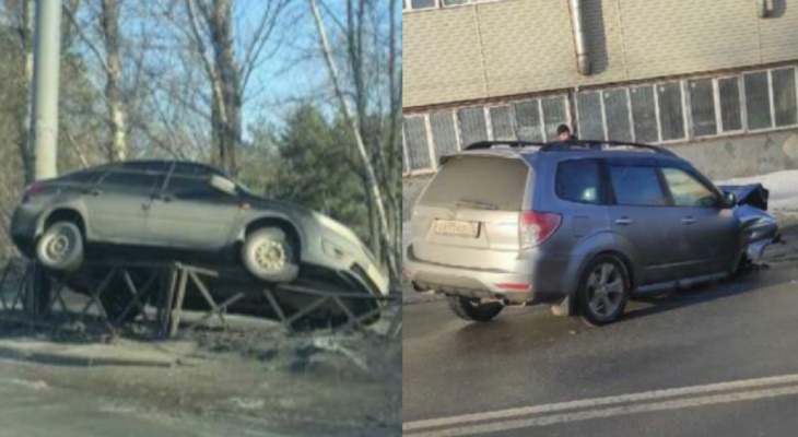 В ДТП в Ярославле одно авто разорвало на запчасти, а другое повисло на заборе. Видео