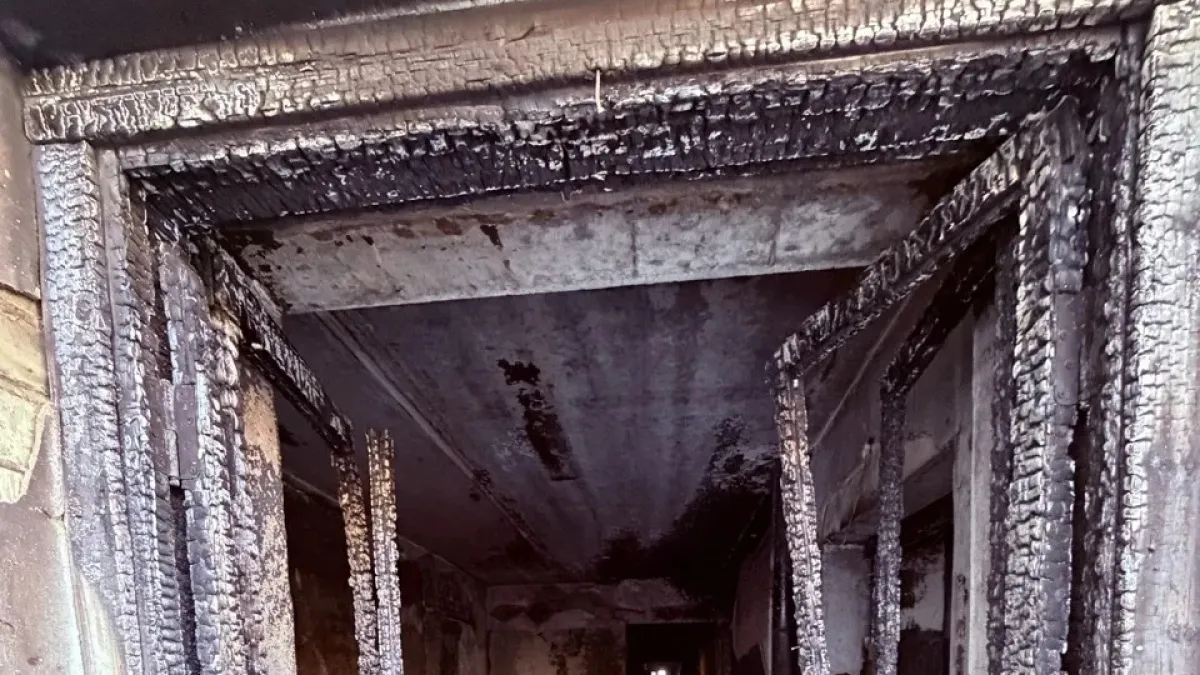  Во время пожара в захламленном подъезде спасли одного человека  и двух собак