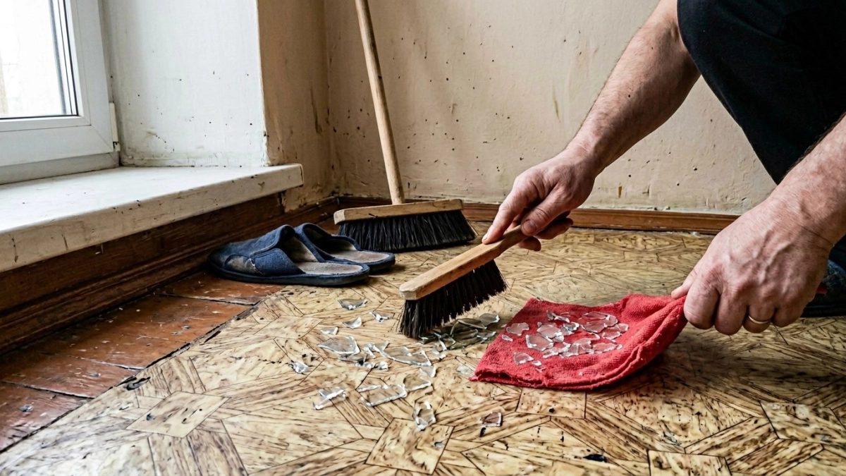 90 % людей убирают стекло неправильно: вот как сделать это без травм и пылесоса — все осколки за 5 минут