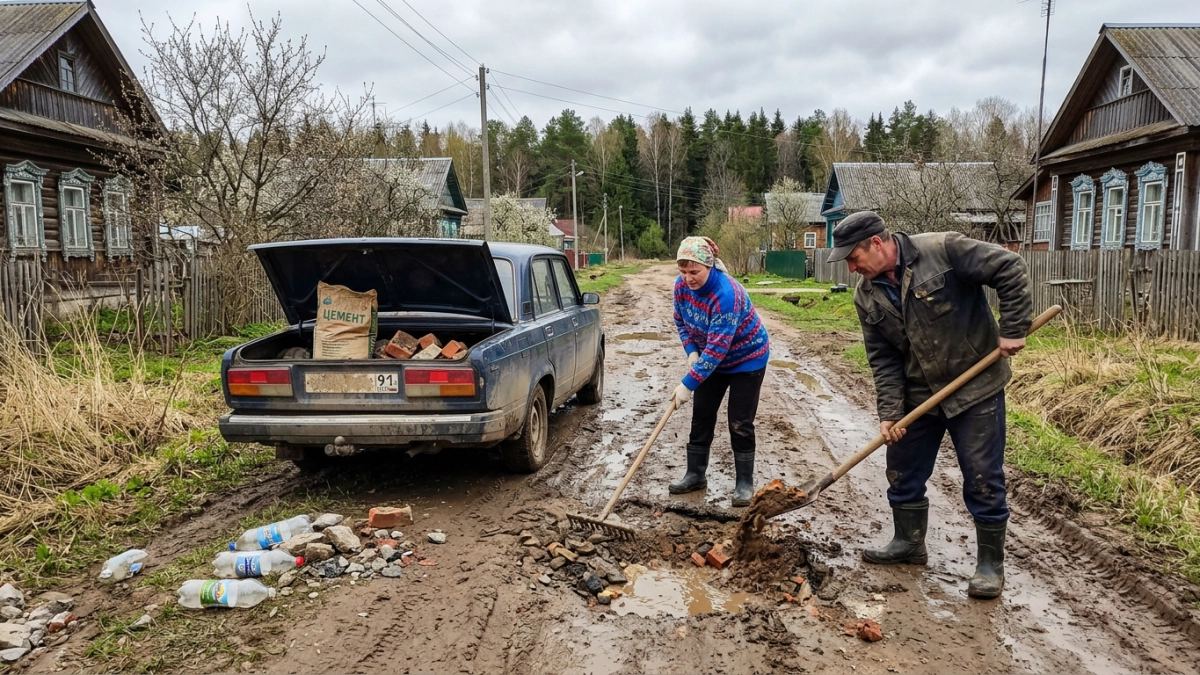 Жители деревни под Ярославлем сами ремонтируют размытую дорогу в ожидании властей