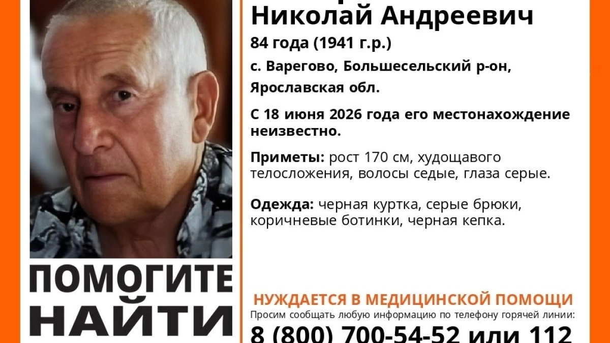 Пропал 84‑летний мужчина: в Ярославской области ищут Николая Зомерова из села Варегово