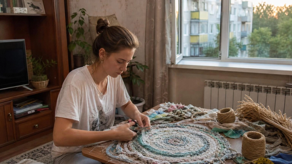 Сплела коврик по чичковской технике — и теперь не покупаю половики: старые майки и пакеты идут в работу