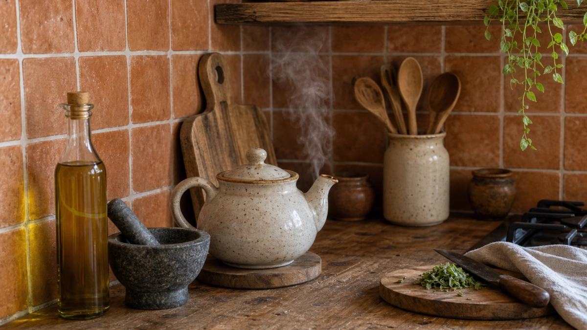 Фартуку — обожжённая глина, полкам — дерево с сучками: кухня получает деревенский шарм итальянского дома