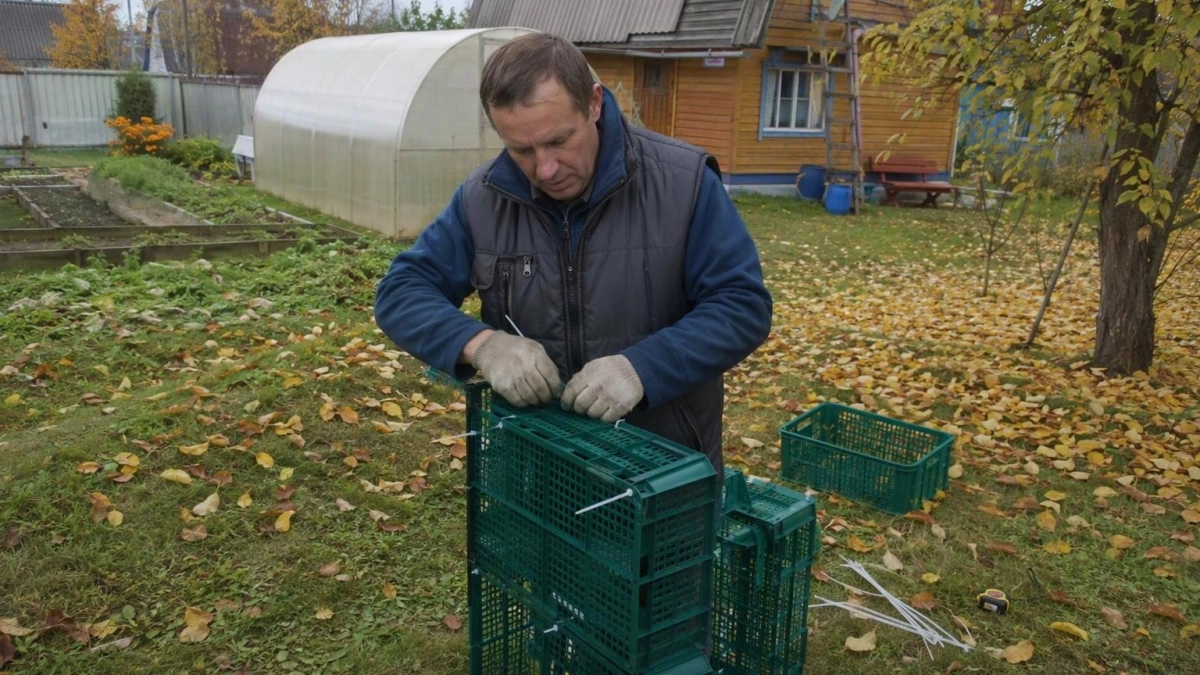 Выискиваю пластиковые ящики по всем складам: собираю из них проветриваемые капсулы для хранения урожая