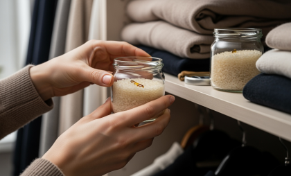 Банку с рисом ставлю в шкаф с одеждой: радуюсь, что забыла про запах и влагу