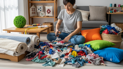 Разорвала старые футболки на лоскуты - за вечер сделала коврик, прихватки и салфетки, теперь все просят научить