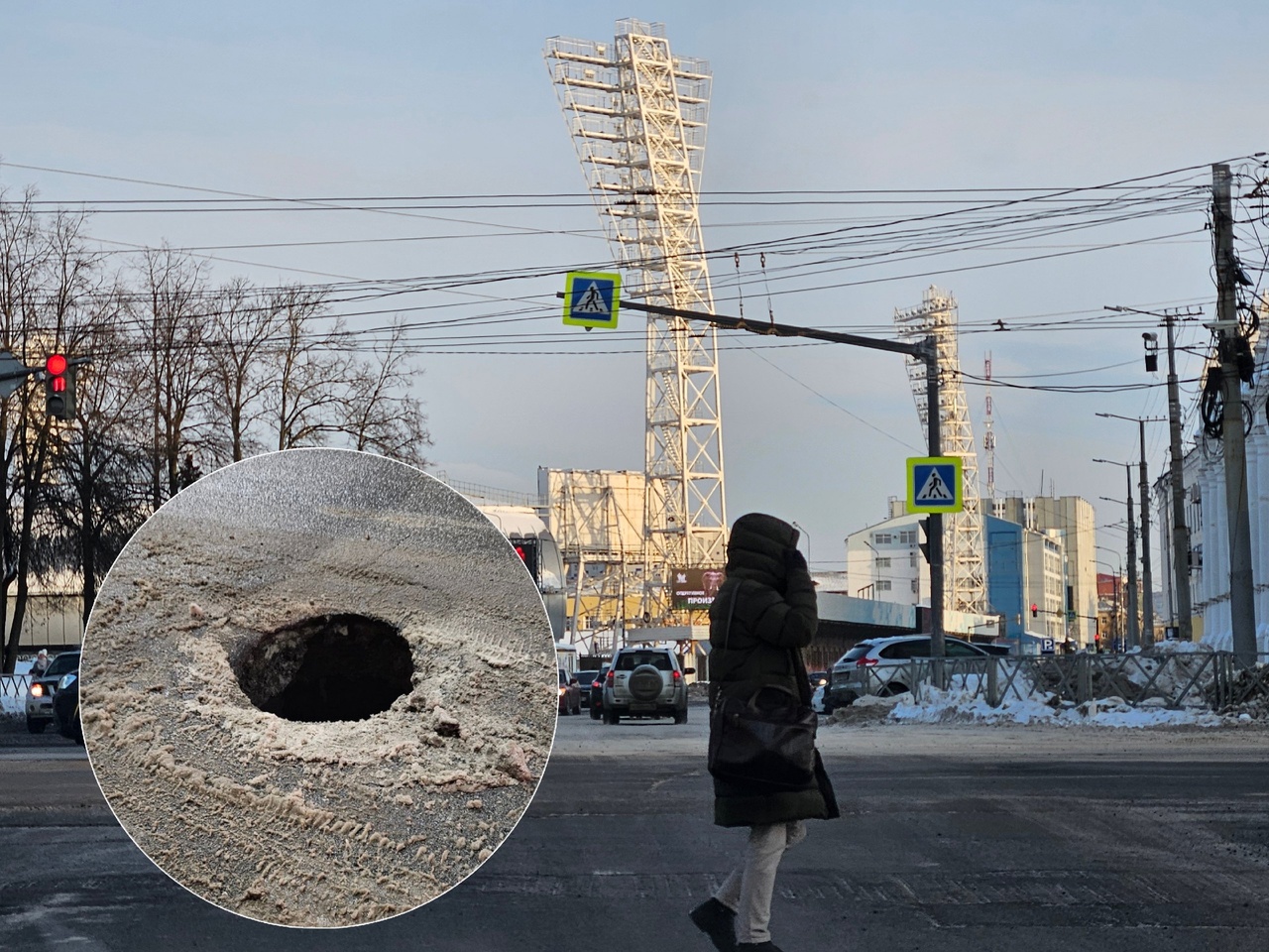 Аккуратней, открыт портал": в Ярославле на Большой Октябрьской увидели огромную яму на дороге
